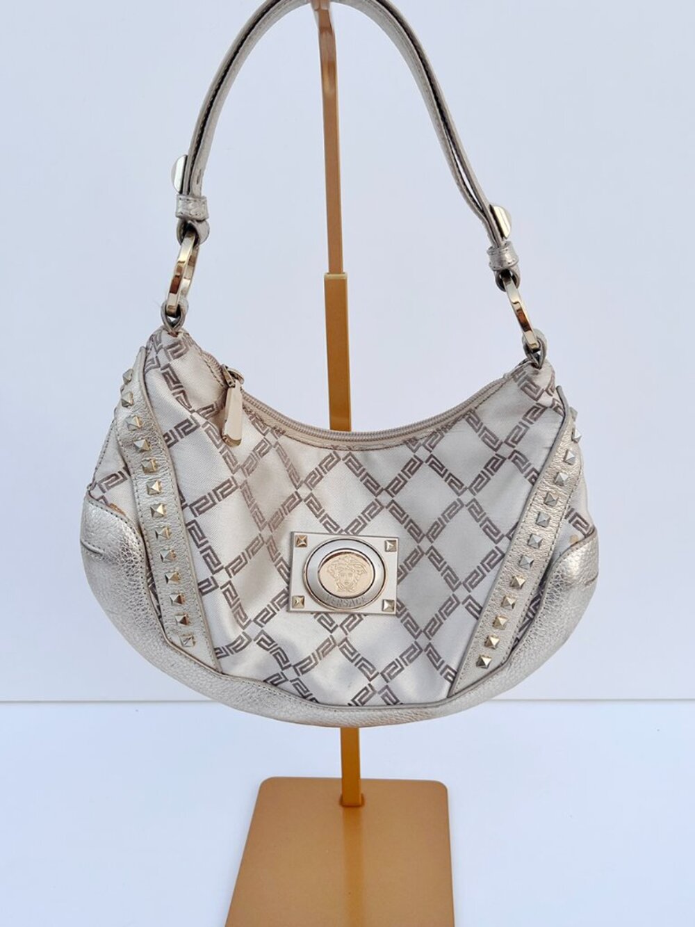 VERSACE Silver Metallic Leather Jacquard Medusa Studded Hobo Shoulder Bag
